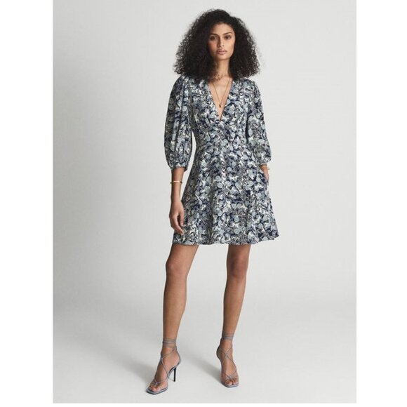 REISS Daisy Puff Sleeve Print Mini Dress / Size 6 / Blue White Floral V-Neck - Picture 1 of 13